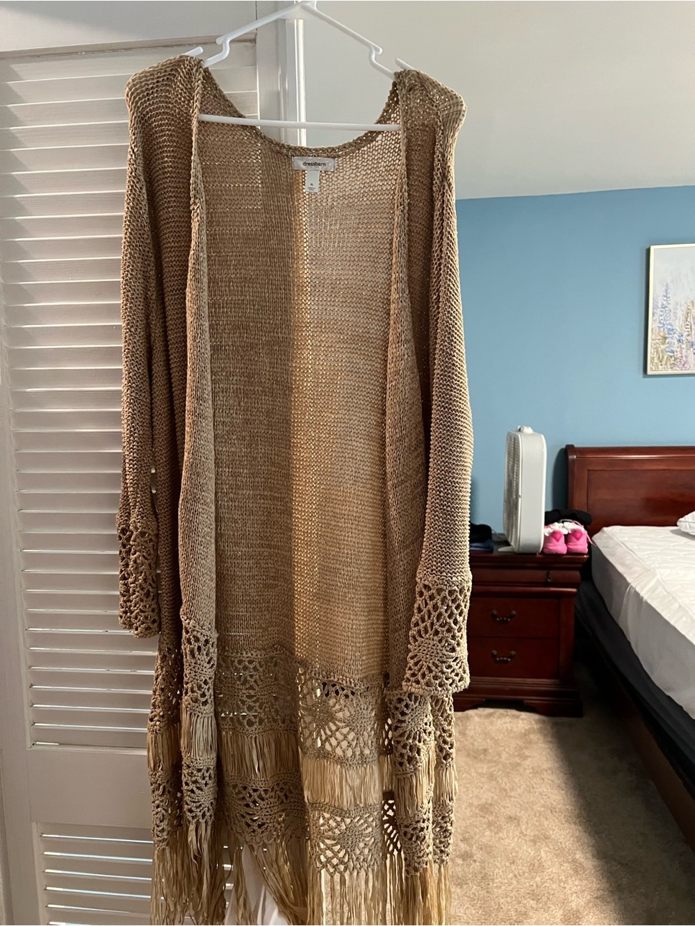 Dress Barn Crochet Fringe Open-Front Cardigan - Tan